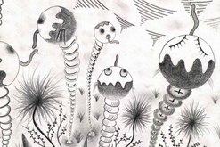 Žížalomuti: Z jamek vylézají žížalomuti a proplétají se rostlinami. Slunce vysílá signály v podobě pulzujících vln, které   dopadají do rozbrázděného údolí. Jejich kulaté hlavičky jsou zvědavé a plné touhy dostat se ke Slunci. / kresba formátu A4 / tužkou