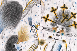 Dešťové slzy / Nakresleno: obyčejná tužka č.1, silné pastelky / Po vydatném dešti roztančí každého zářící duha nad obzorem,   která odráží žluté světlo do očí. Velké kapky stékají na zem a rozjasňují krajinu. Modrá barva symbolizuje počasí, chlad a ž