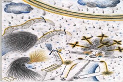 Dešťové slzy / Nakresleno: obyčejná tužka č.1, silné pastelky / Po vydatném dešti roztančí každého zářící duha nad obzorem, která odráží žluté světlo do očí. Velké kapky stékají na zem a rozjasňují krajinu. Modrá barva symbolizuje počasí, chlad a ž